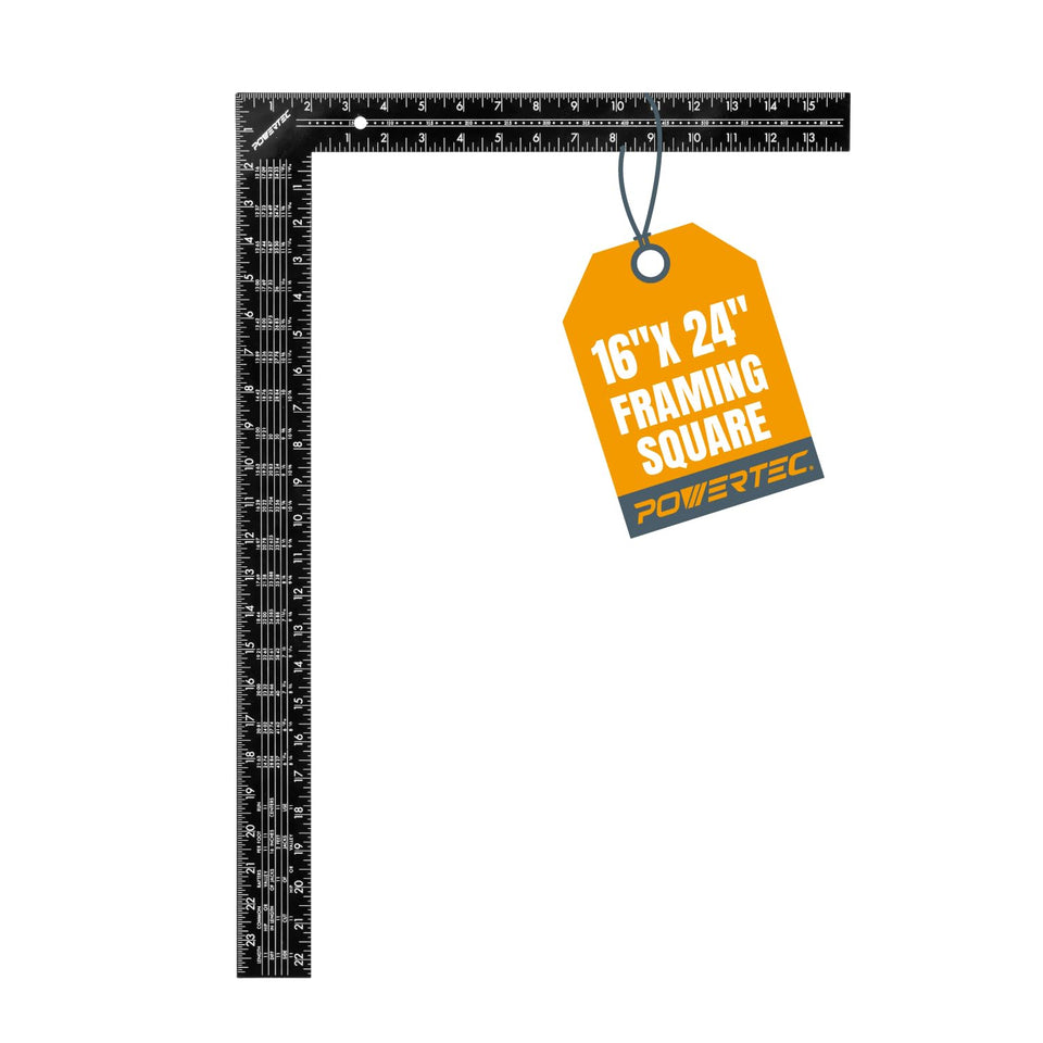 POWERTEC framing square front view with imperial scales for quick layout