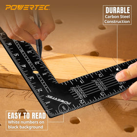 POWERTEC Framing Square with rafter instructions supports efficient rafters and stair layouts.