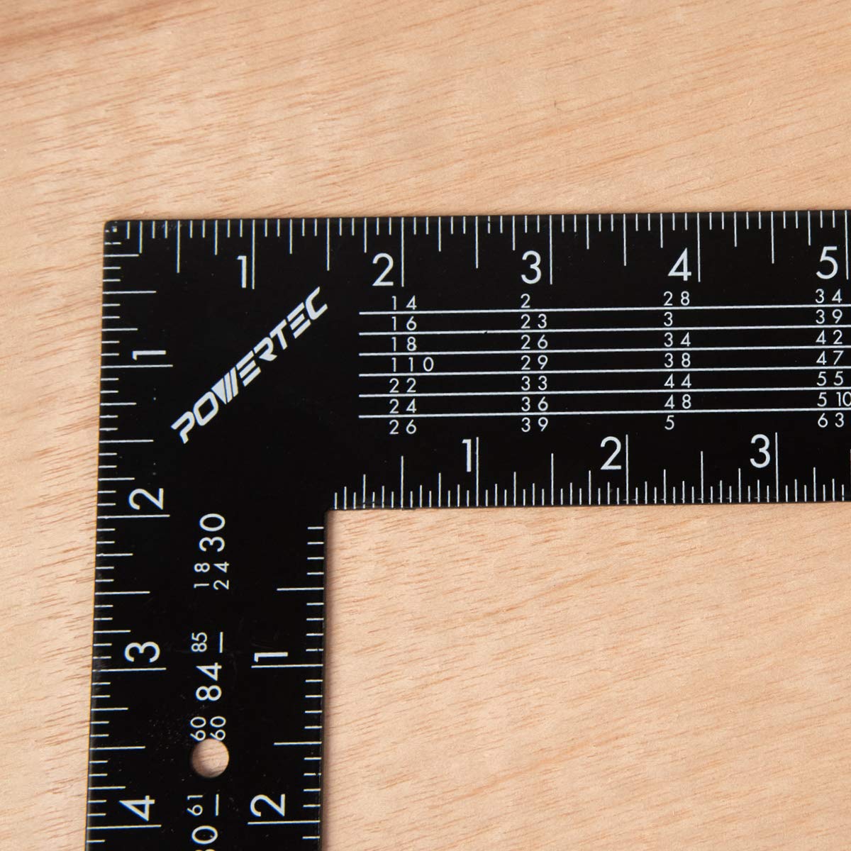 POWERTEC Framing Square close-up reveals clear scales for accurate measurements on site.