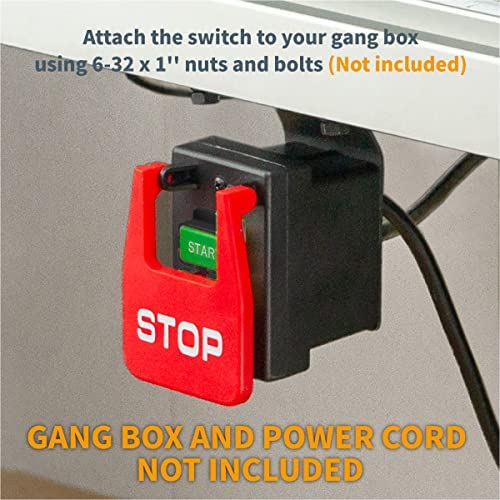 POWERTEC green start button lockable for secure restart after shutdown.