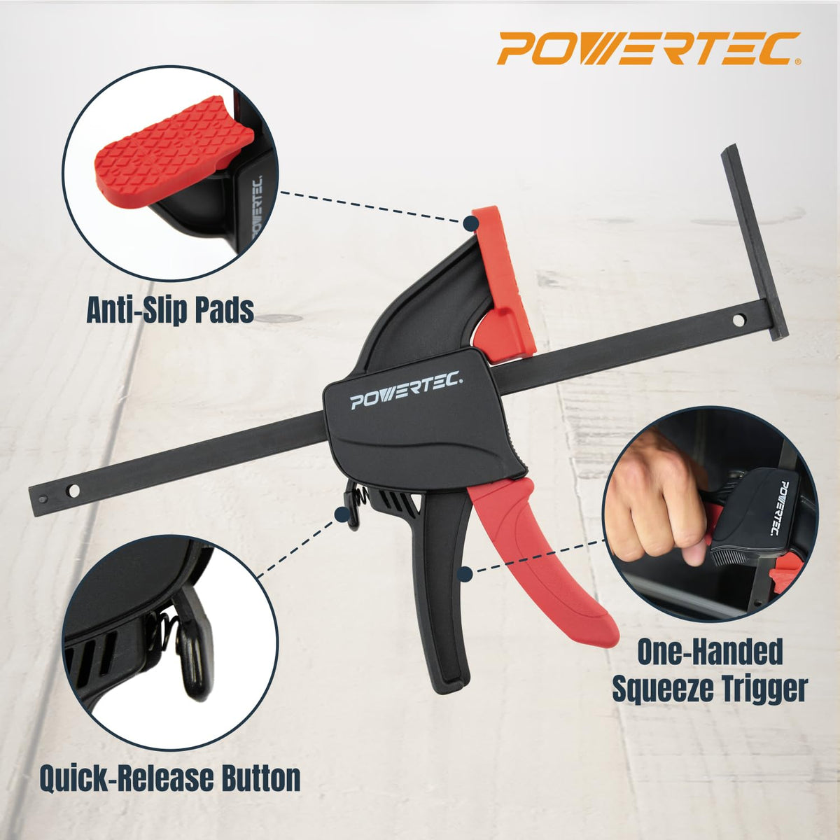 POWERTEC clamp on guide rail acting as a stop for repeatable cuts