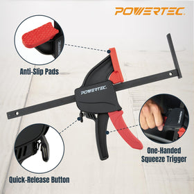 POWERTEC clamp on guide rail acting as a stop for repeatable cuts