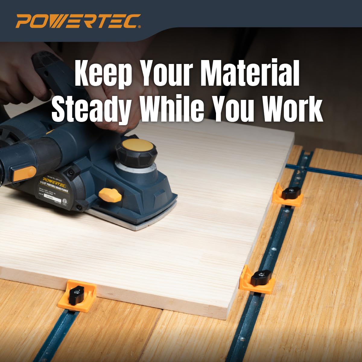 POWERTEC kit contents shown: stops, wing knobs, and bolts for versatile fixtures.