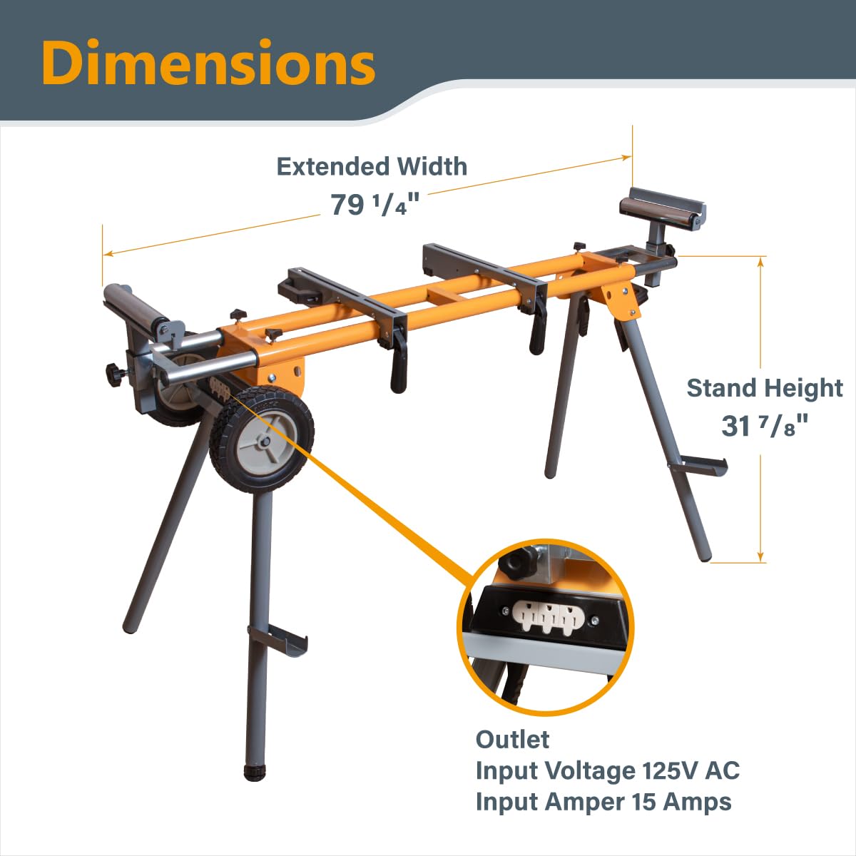 POWERTEC miter saw stand with 8-inch wheels enabling smooth mobility on any floor