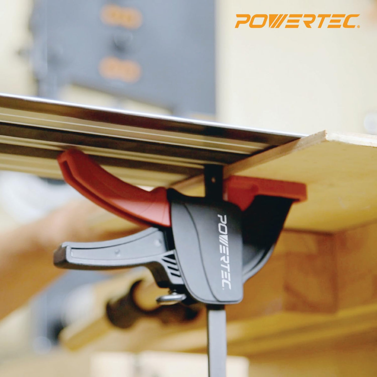 POWERTEC clamp with non-marring pads protecting the workpiece