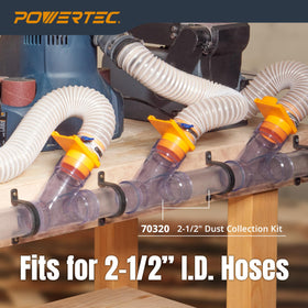 PowerTEC PVC pipe with hose connection shows 2-1/2-inch compatibility.