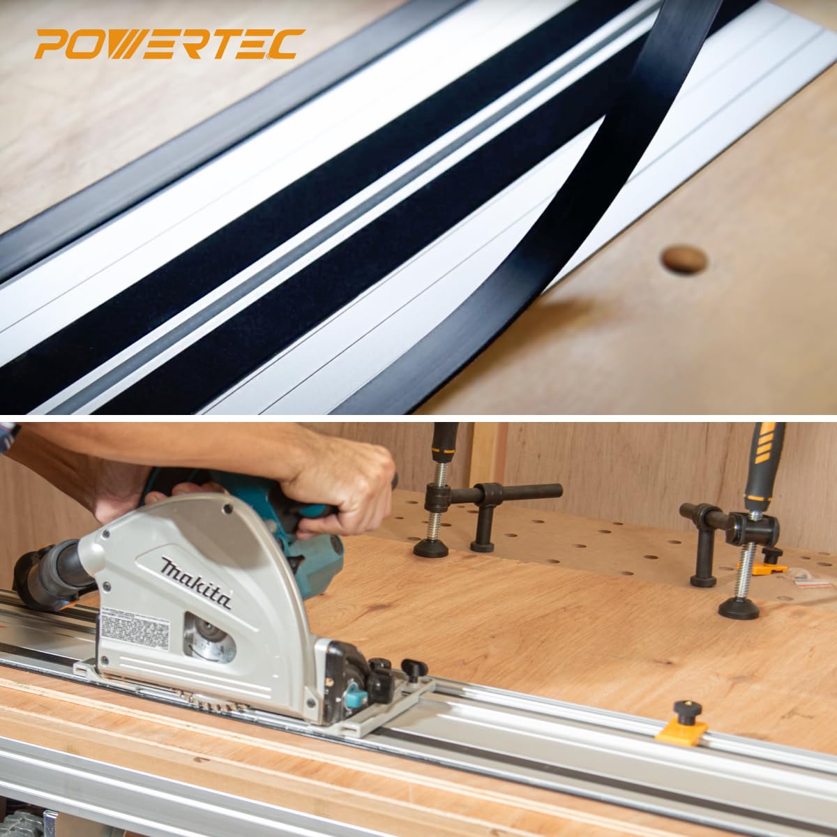POWERTEC guard in action on plywood edges minimizes tear-out and reveals smooth results