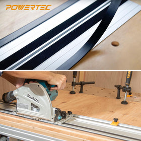 POWERTEC guard in action on plywood edges minimizes tear-out and reveals smooth results