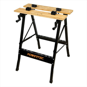 POWERTEC portable small workbench with vise enables secure clamping for precise woodworking.
