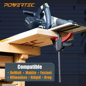 POWERTEC track clamp demonstrates quick-release action in use