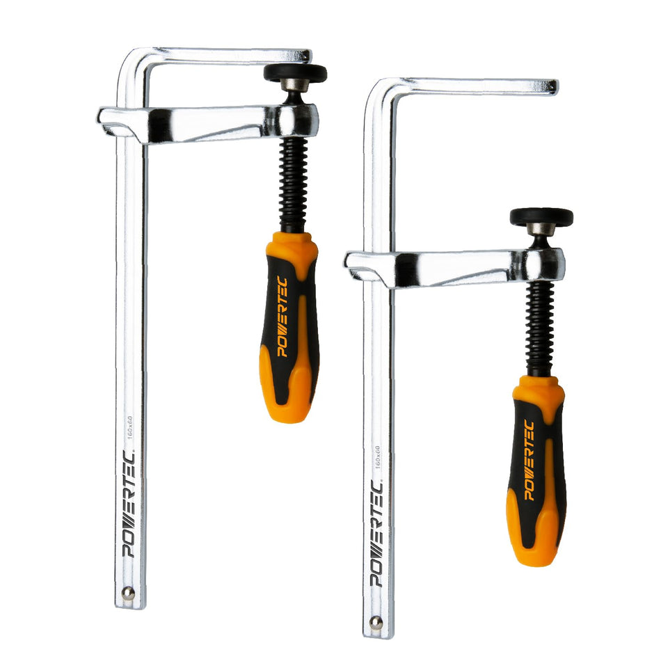 POWERTEC quick screw down clamps securing a workpiece with 7-inch opening for precise cuts