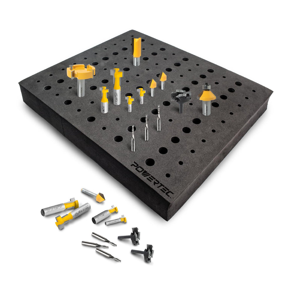 POWERTEC router bit storage tray top view showing 110-bit capacity for organized access