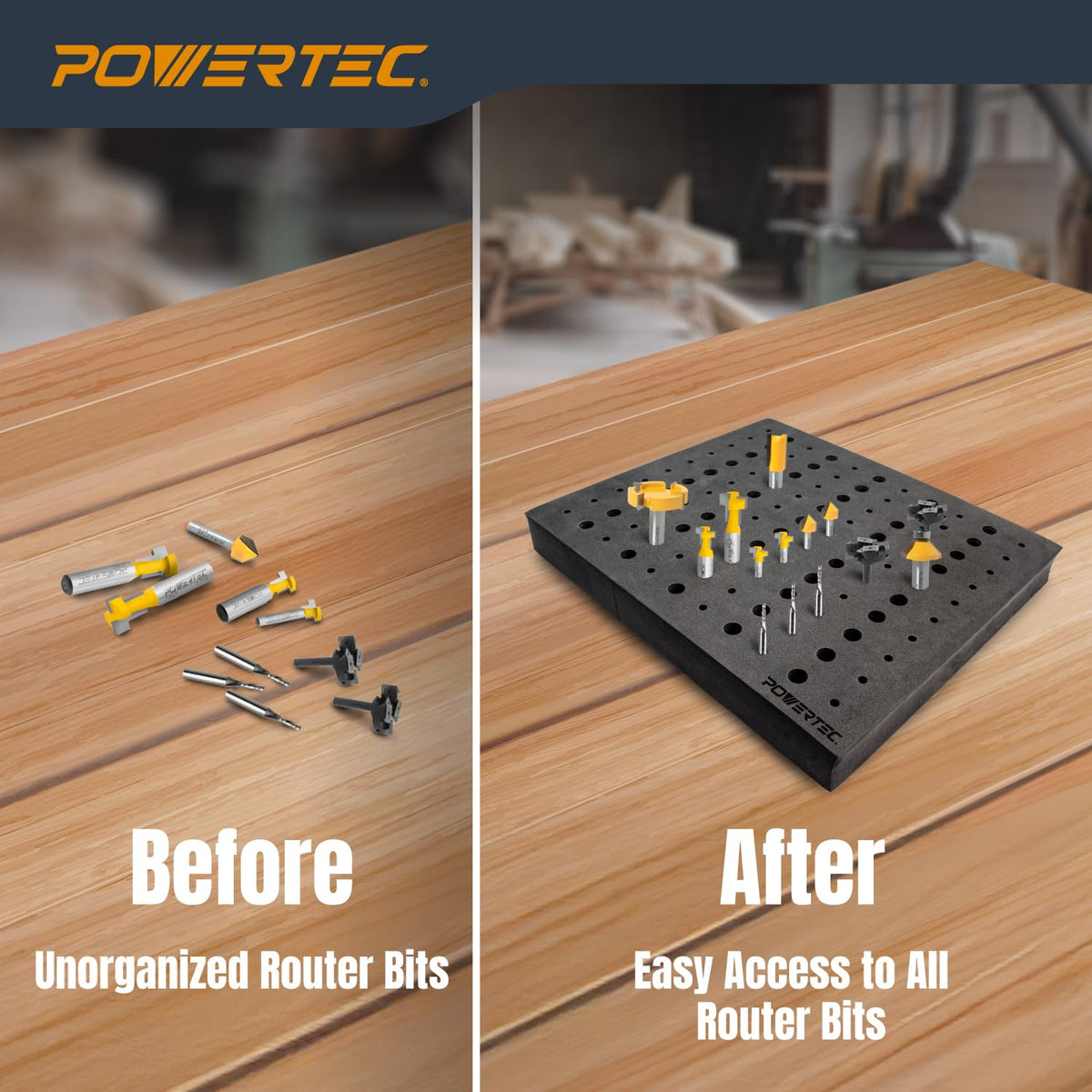 POWERTEC router bit storage tray durable foam extends tool life and protects bits