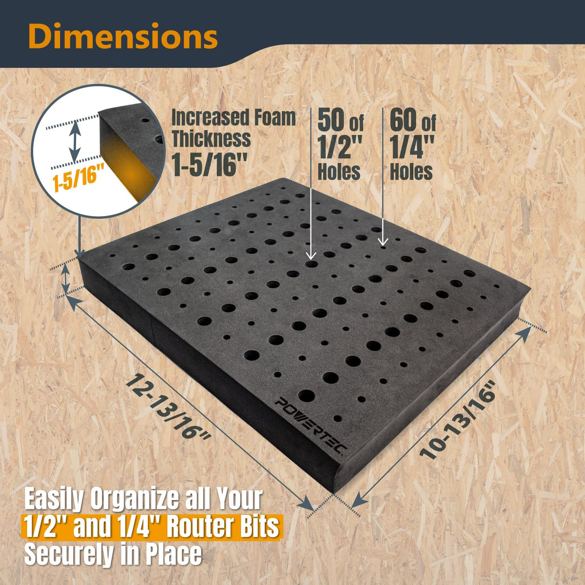 POWERTEC router bit storage tray fits into drawers and workstations for quick access