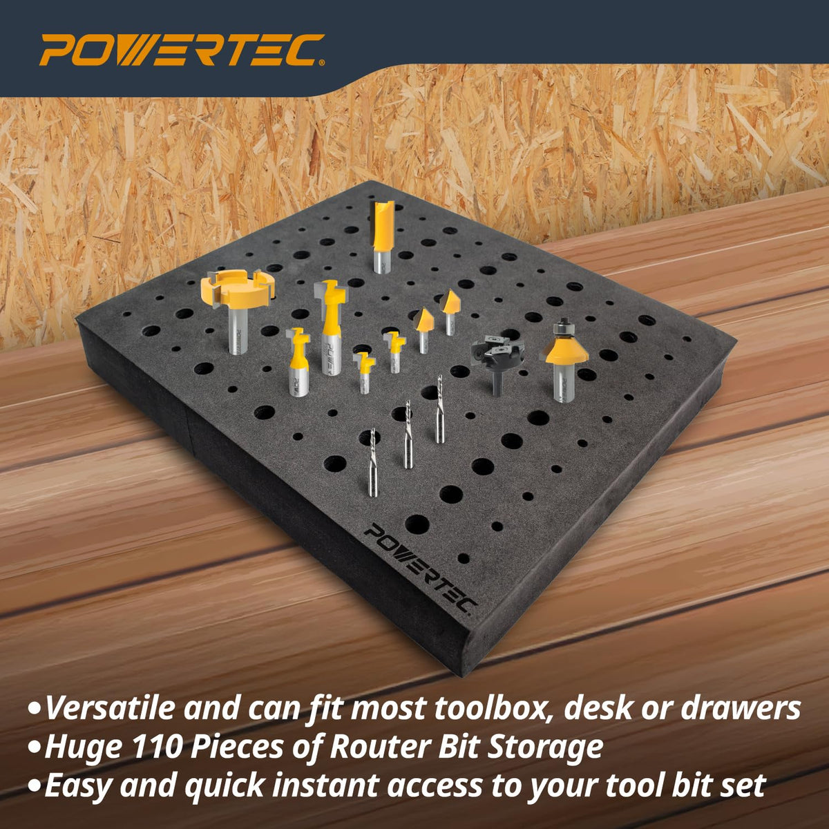 POWERTEC router bit storage tray secure slots prevent bit movement during transport