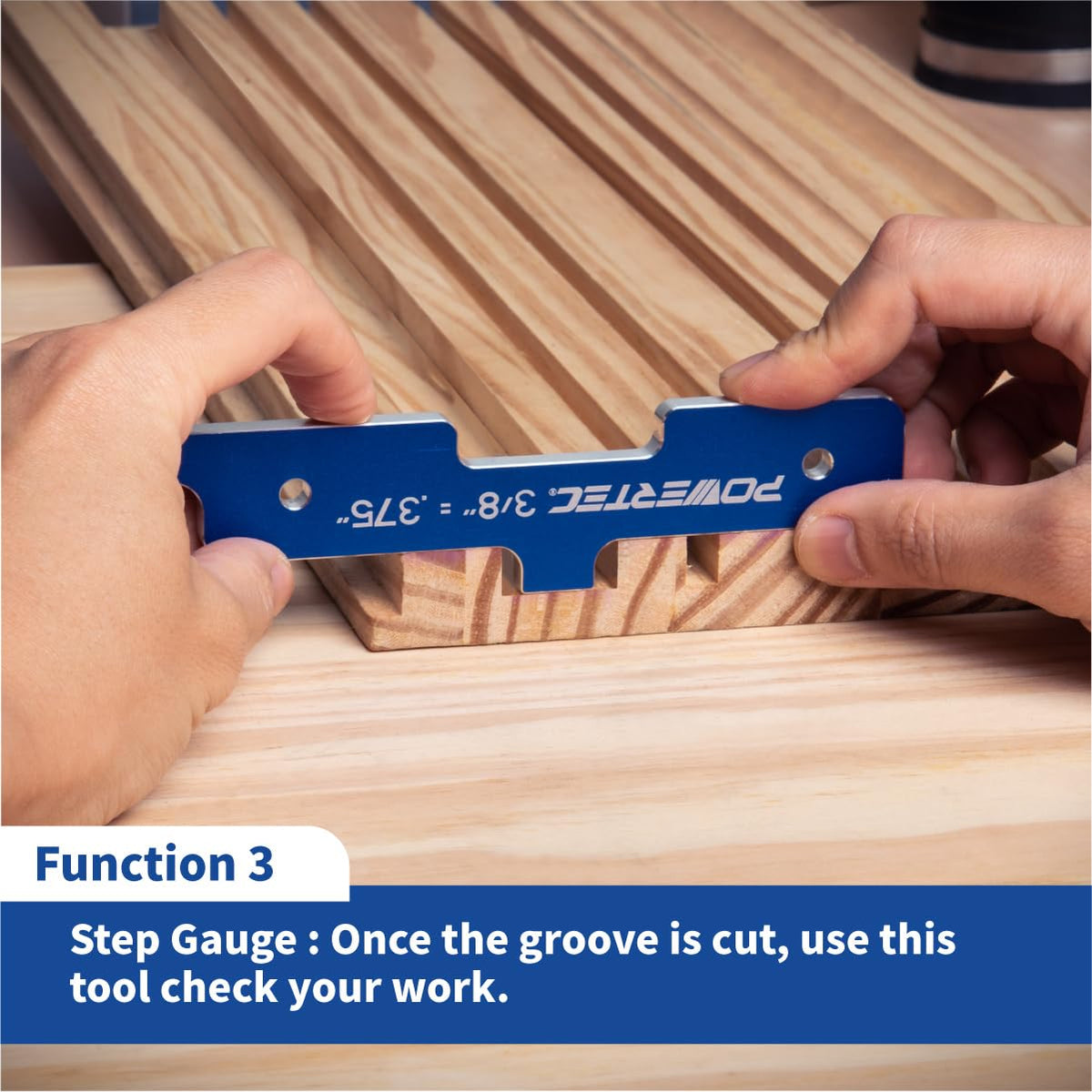 POWERTEC router setup blocks with blue anodized finish for repeatable fence spacing