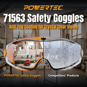 POWERTEC safety goggles ideal for woodworking and construction tasks.