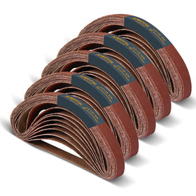 POWERTEC sanding belts 40-grit close-up for rapid material removal on hardwood.