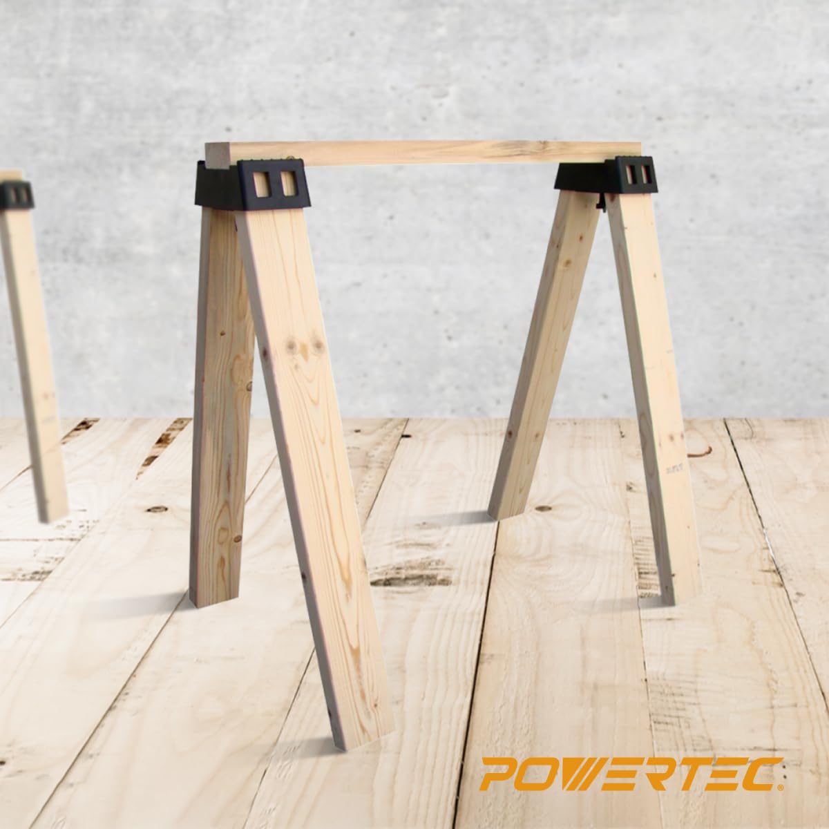 POWERTEC sawhorse brackets in use on a 2x4 build demonstrate versatility