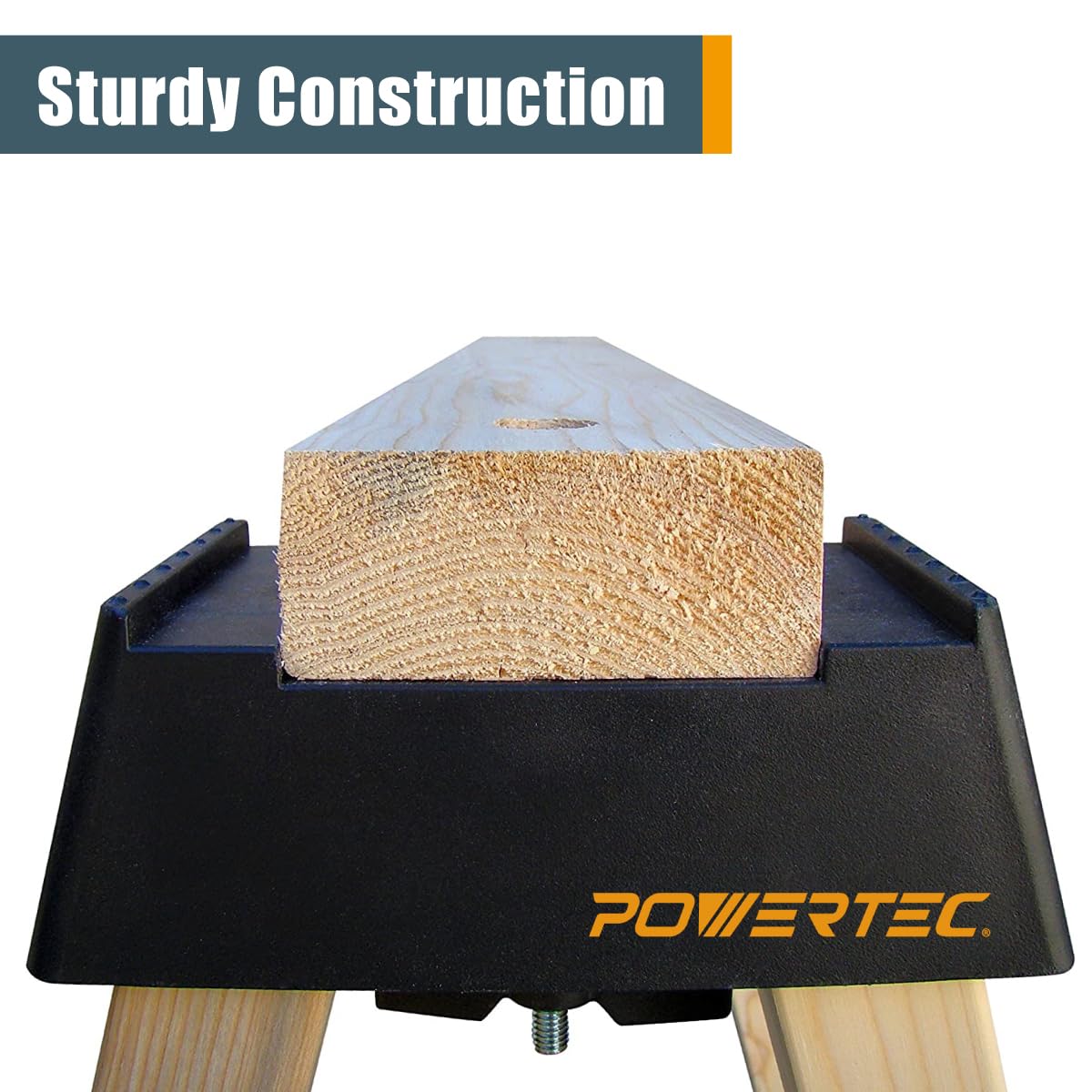 POWERTEC sawhorse brackets wedge notches shown for proper leg-facing orientation and stability