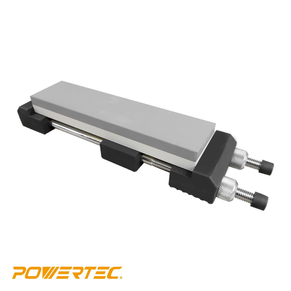 PowerTEC stone holder on a non-slip base stabilizes sharpening on any surface.