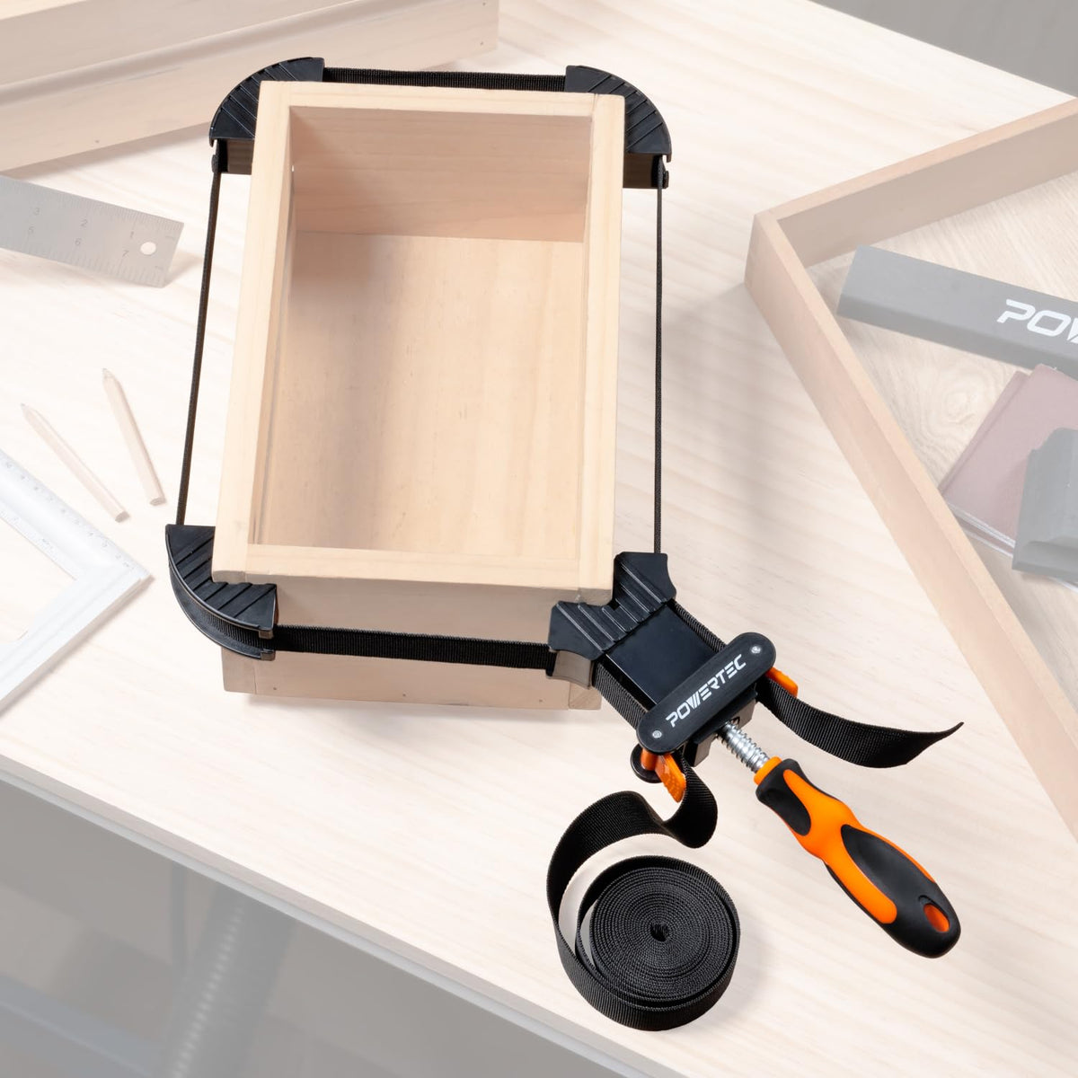 POWERTEC strap clamp non-marring jaws protecting surfaces during assembly
