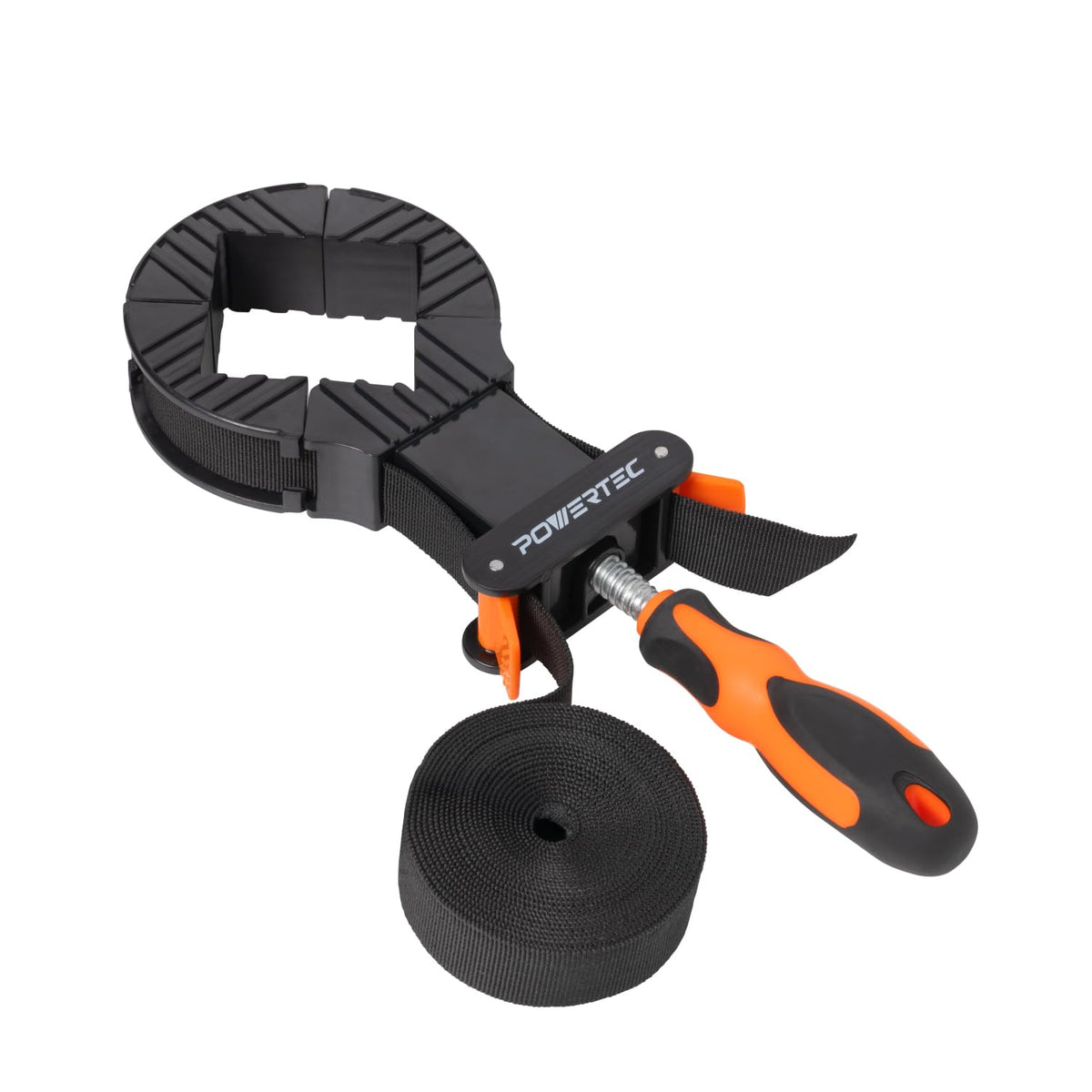 POWERTEC strap clamp quick-release lever in action securing a piece