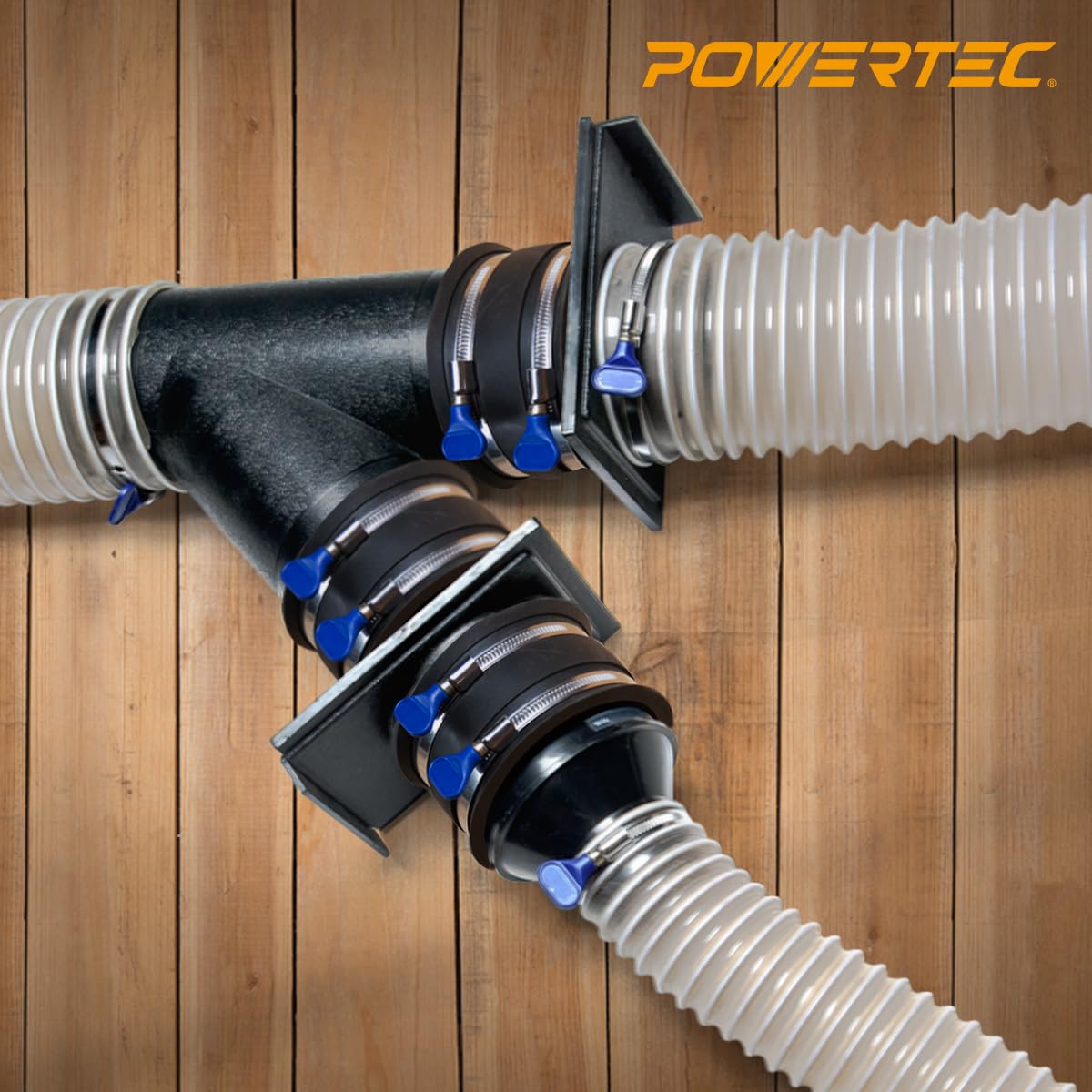 POWERTEC table saw to dust collection setup managing sawdust effectively.