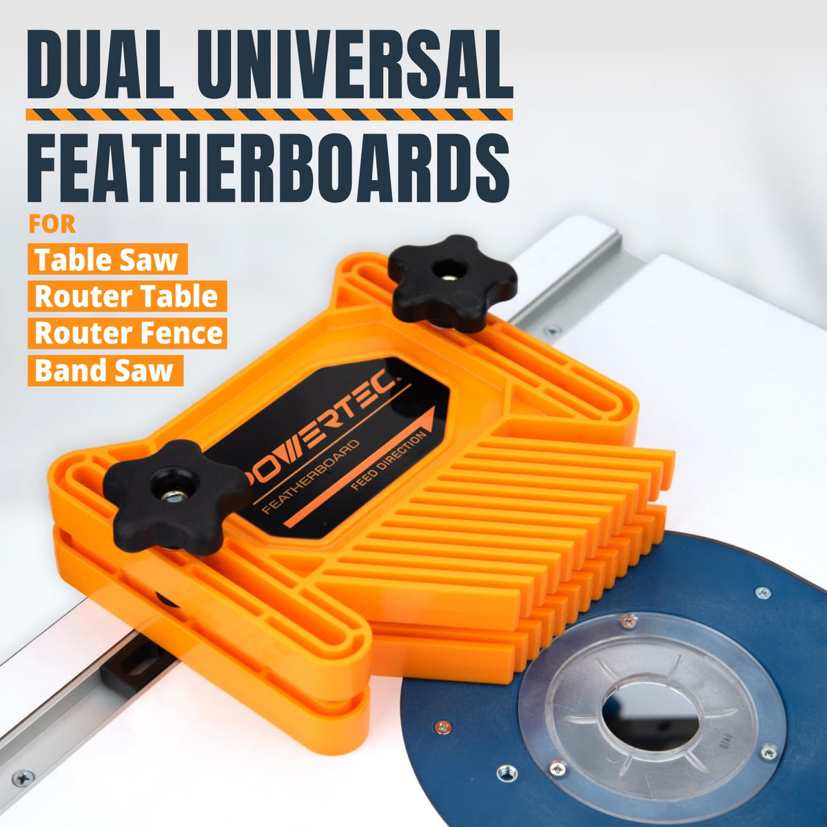 POWERTEC Tandem Featherboards horizontal mounting enabling versatile fence configurations.