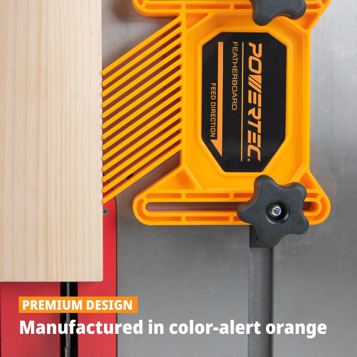 POWERTEC Tandem Featherboards with miter slot brackets for quick alignment.