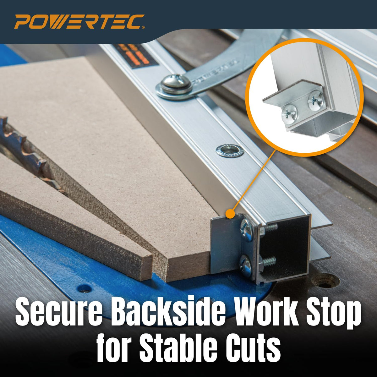 POWERTEC knurled knob with lock washer improves adjustment stability.