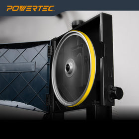 POWERTEC two-pack tires in use on a bandsaw for smooth operation.