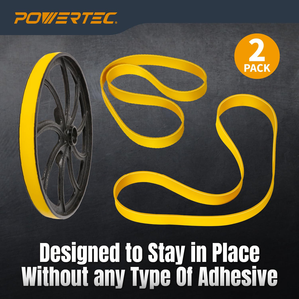 POWERTEC urethane band saw tire close-up emphasizes wear resistance.