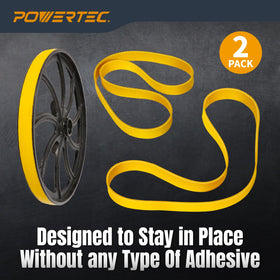 POWERTEC urethane band saw tire close-up emphasizes wear resistance.