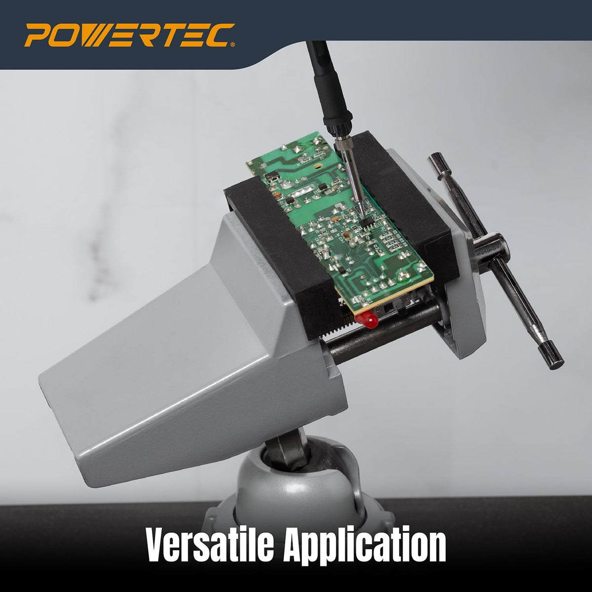 POWERTEC vacuum base vise with 360° swivel head enables versatile positioning.