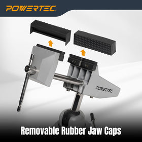 POWERTEC vacuum base vise mounted on a surface demonstrates stable clamping for projects.