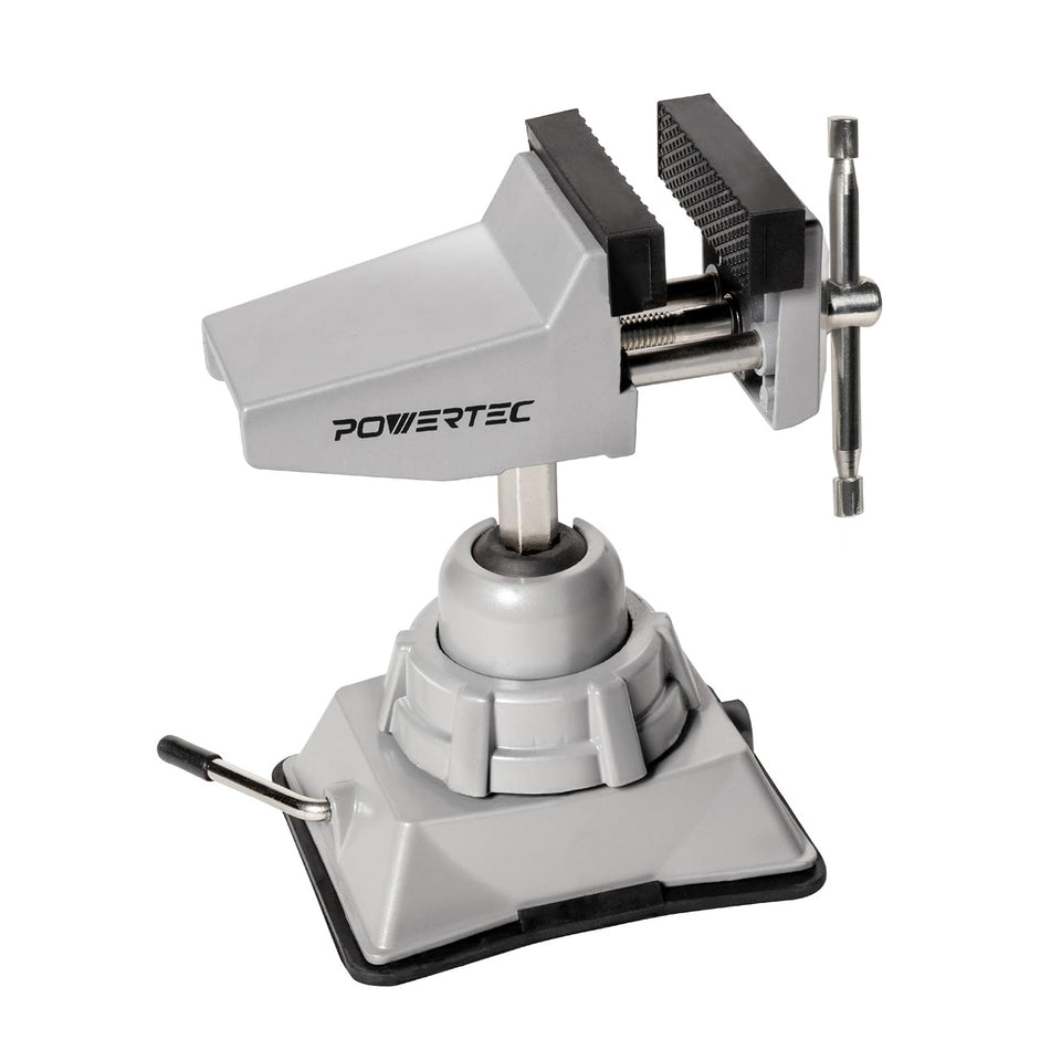 POWERTEC vacuum base vise jaw close-up demonstrates non-marring grip for delicate components.