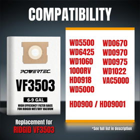 POWERTEC VF3503 6-9 gallon bags efficiently collect drywall dust