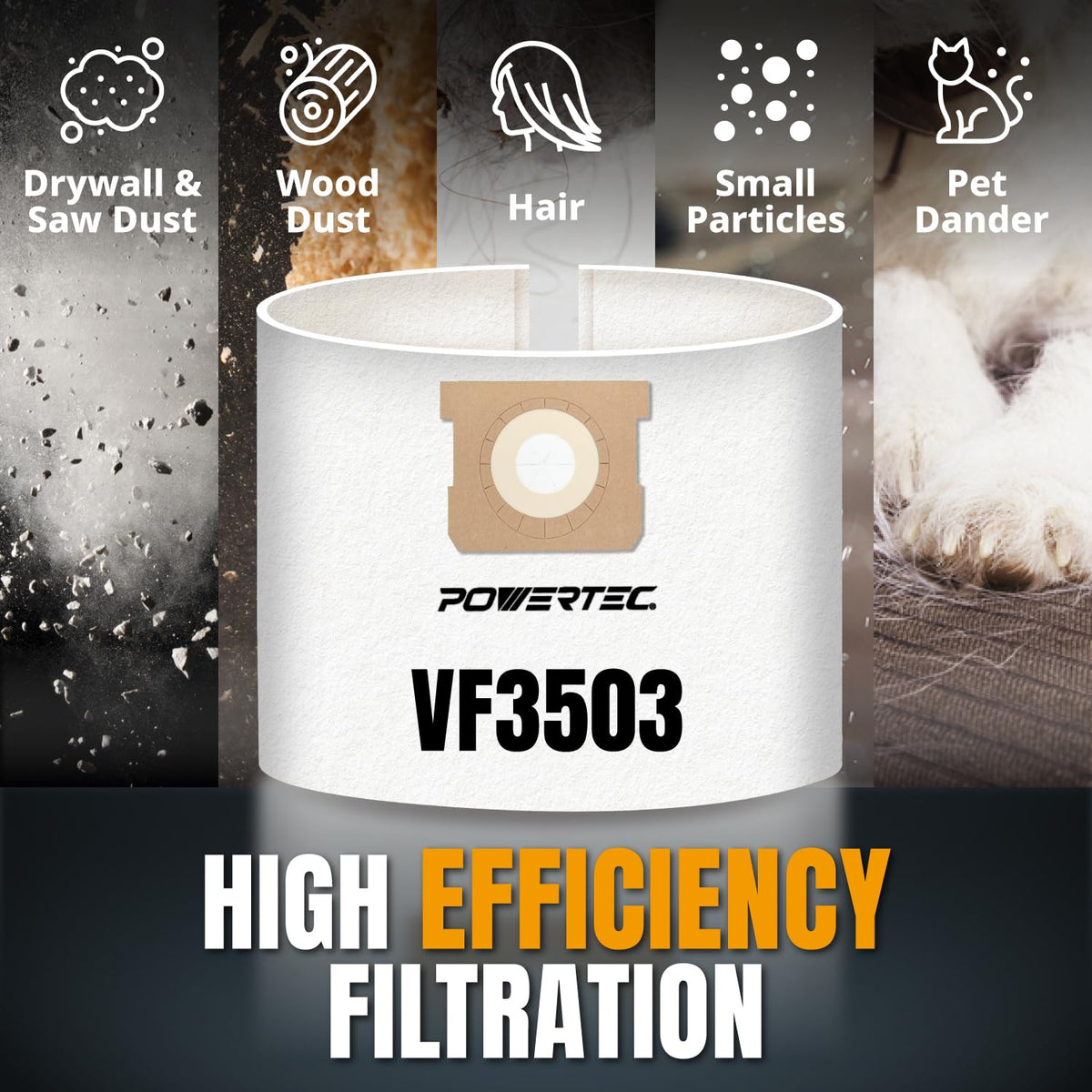 POWERTEC VF3503 disposable bags enable quick, mess-free replacements