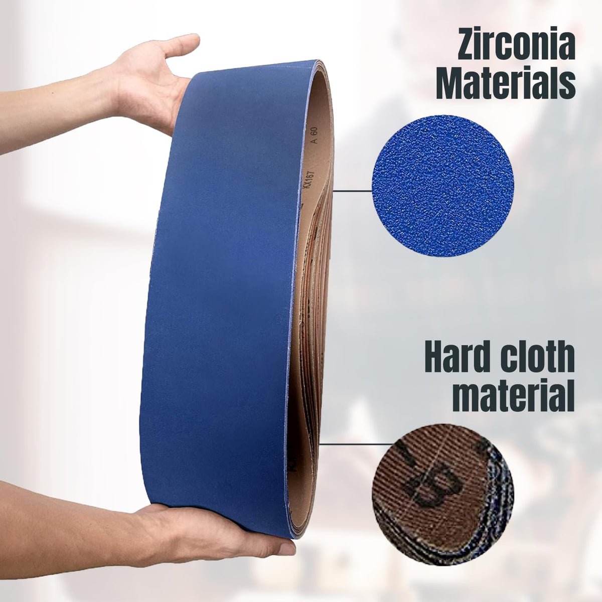 Powertec zirconia belt grain closeup highlights high-pressure cutting.
