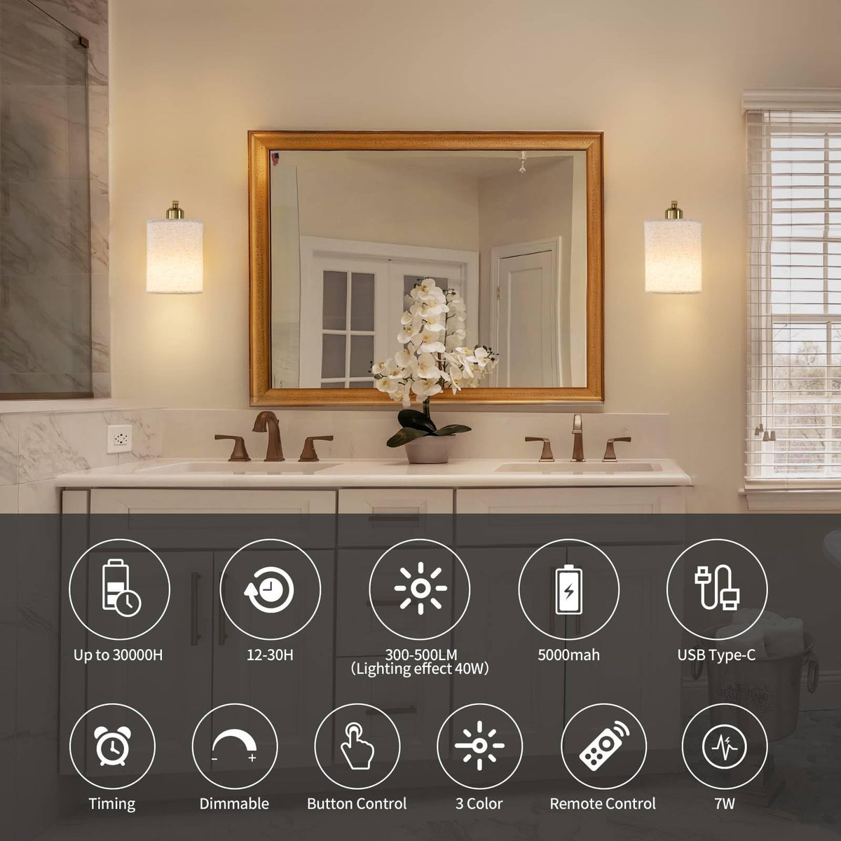 Powfloven Gold dimmable sconce with three color temperatures for any mood