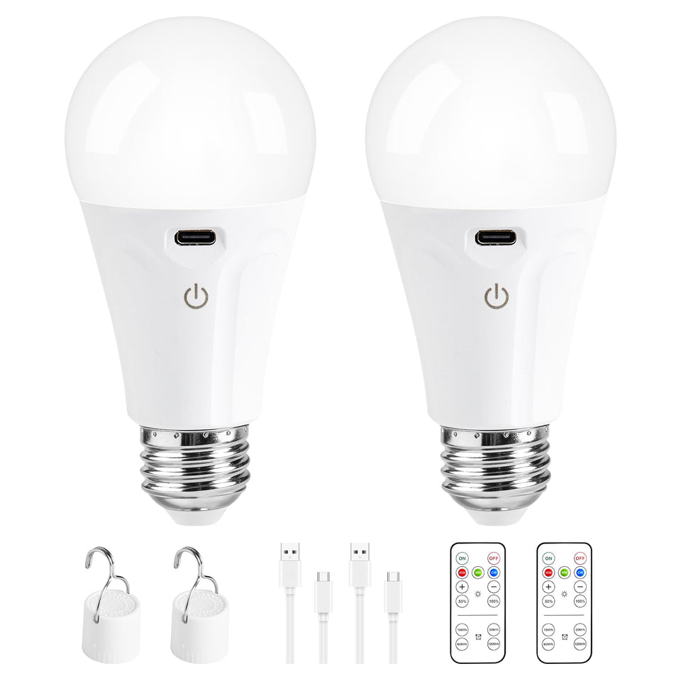 Powfloven rechargeable A19 bulb in a lamp, cordless lighting.