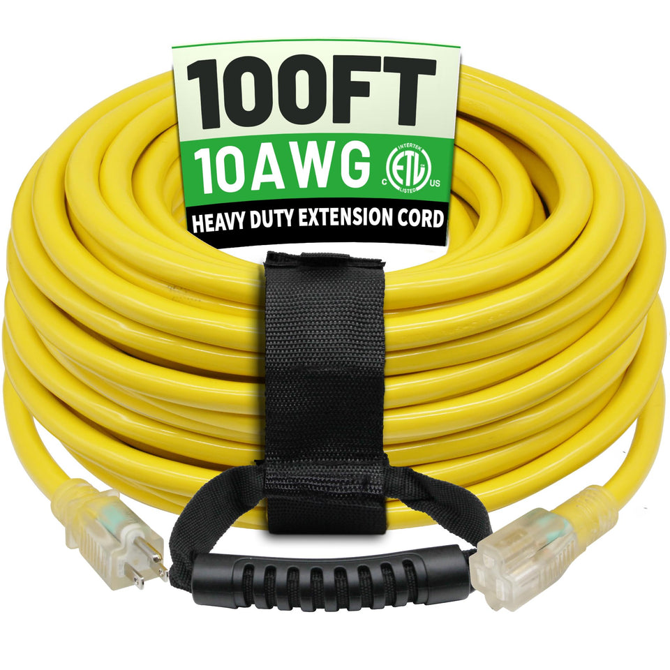 Powgrn 100ft 10AWG outdoor extension cord ready for heavy-duty outdoor tasks.