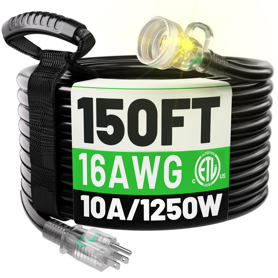 PowGRN 150ft outdoor extension cord full view, ideal for rugged outdoor power access.