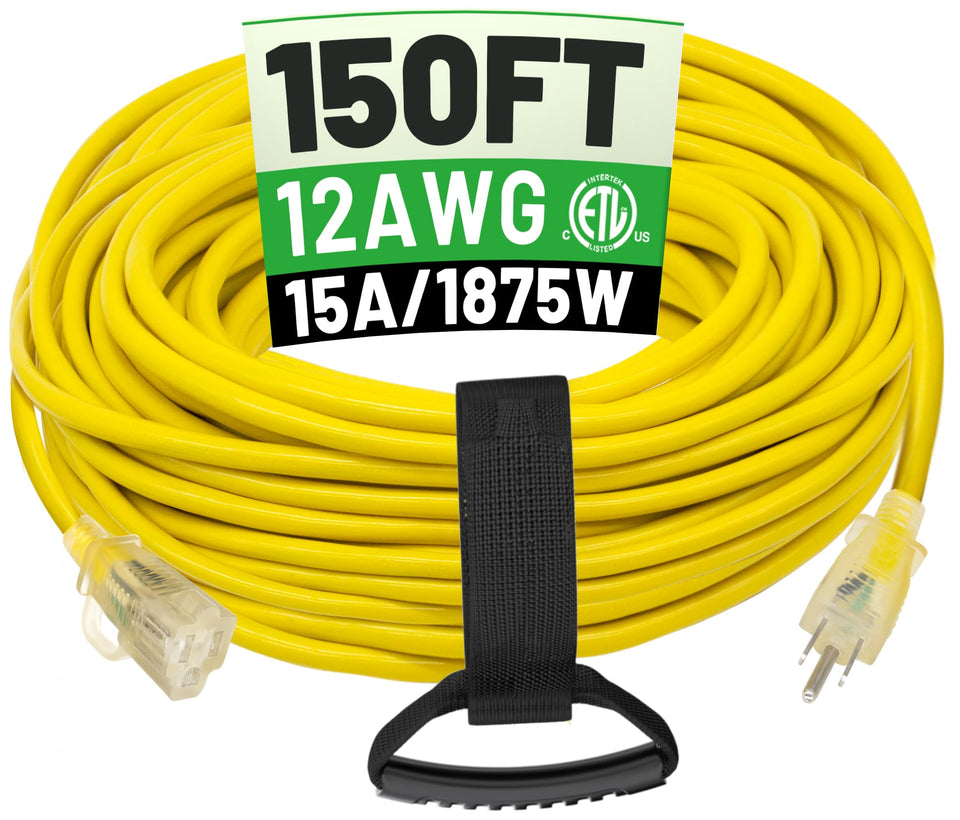 POWGRN 150ft outdoor extension cord showing long reach for exterior projects