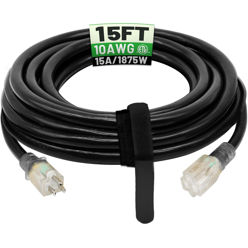 POWGRN 15 ft 10 AWG outdoor extension cord with waterproof jacket for heavy-duty outdoor use.