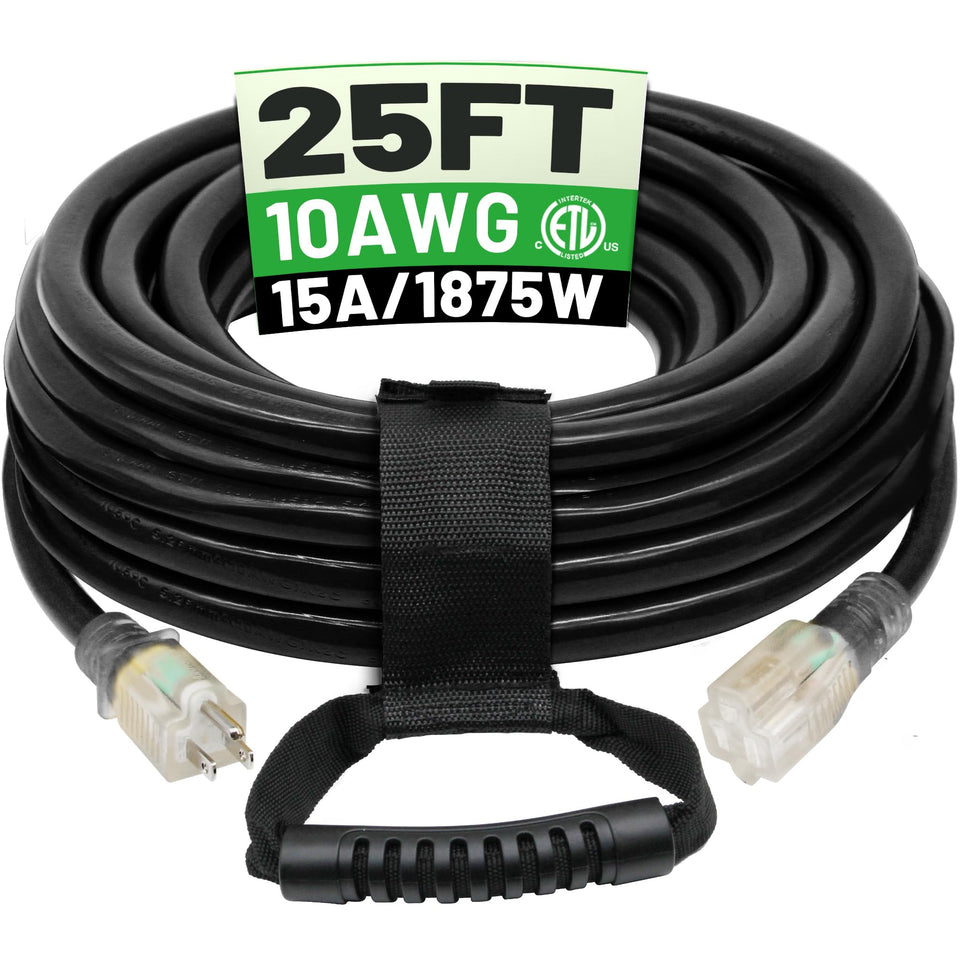 Powgrn 25ft 10AWG outdoor extension cord for heavy-duty outdoor projects.