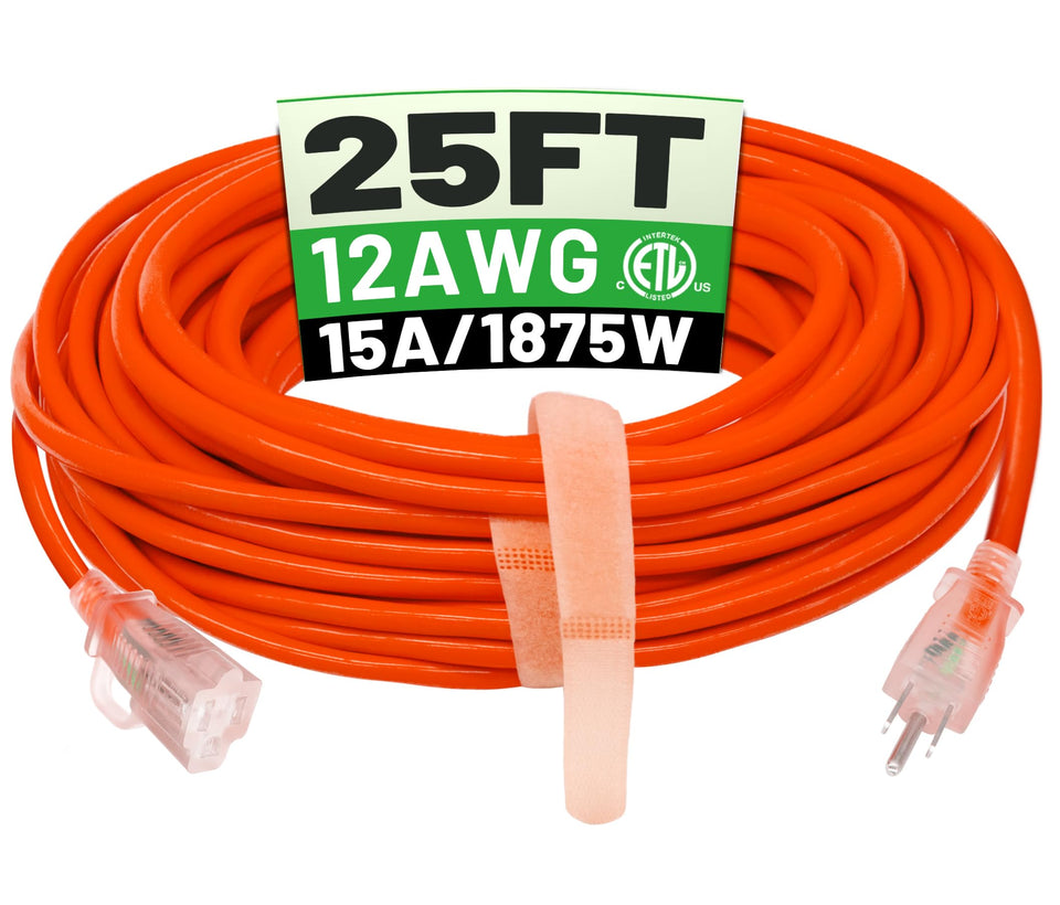 POWGRN 25ft outdoor extension cord in use for heavy-duty yard tasks