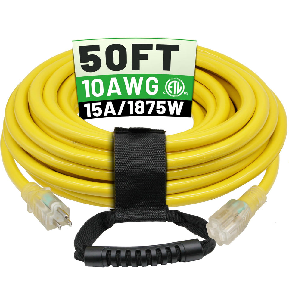 POWGRN 50ft 10AWG outdoor extension cord in full length for heavy-duty power on job sites.