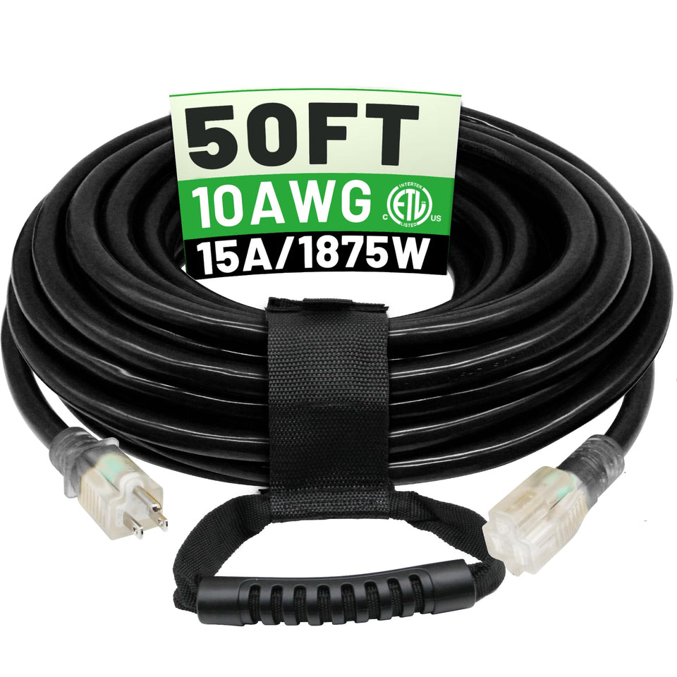 POWGRN 50ft outdoor extension cord with long reach for tools and lighting.
